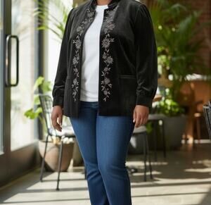 Apt 9 Women Embroidered Velvet Jacket 22w Black Velour Cocktail romantic goth